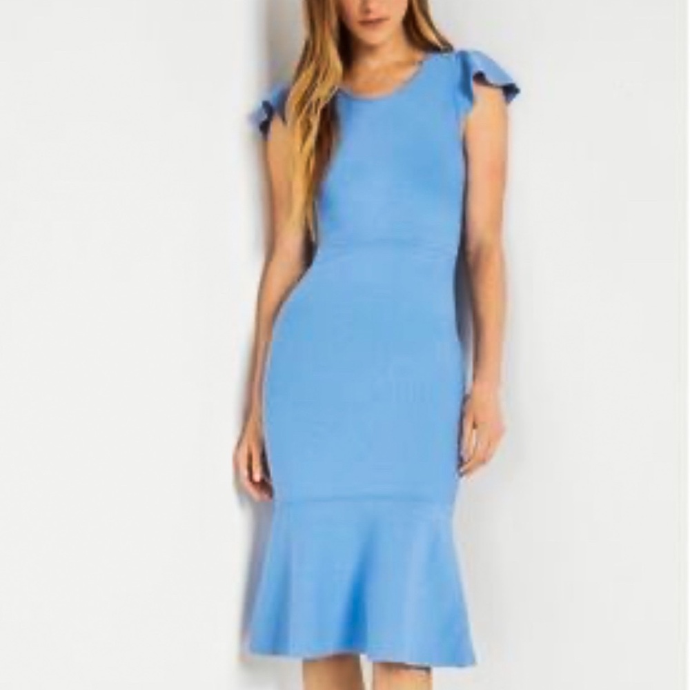 BCBG MAXAZRIA Dress Mid Length Flounce-Hem Back Zipper Light Blue Size Small NWT